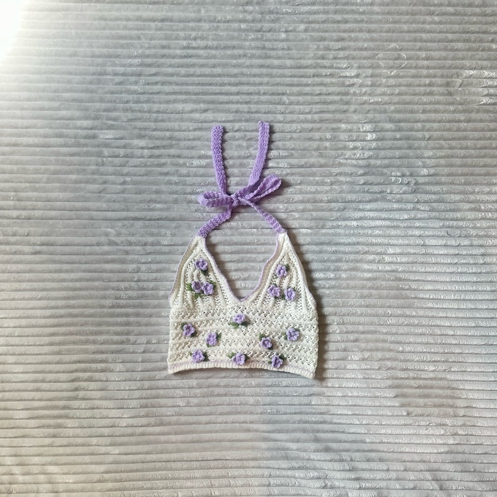 Homemade White and Purple Swim Coverup with Decorative Accents